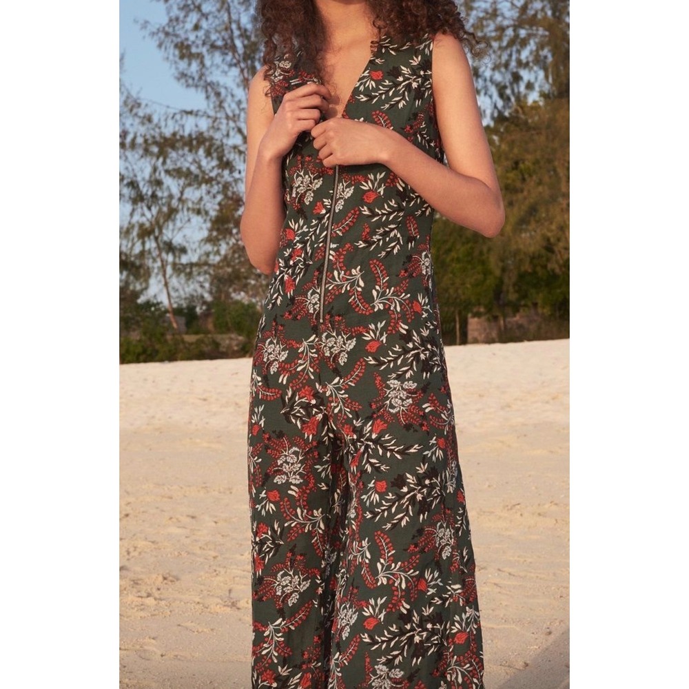 Maje Green Floral Zip Front Wide Leg Jumpsuit Sleeveless Size EU38